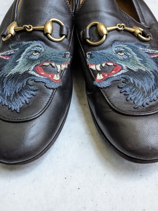 Gucci Brown Leather Horsebit Loafers with Embroidered Wolf Men\'s US 9.5 main image 5